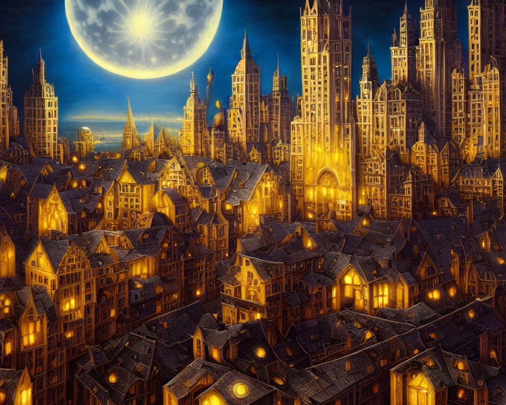 Fantasy Cityscape: Illuminated Buildings, Gothic Architecture, Moonlit Night