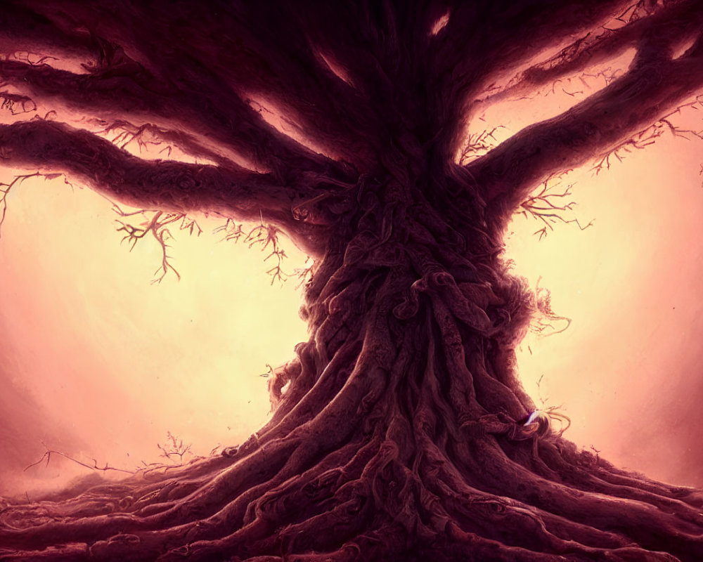 Majestic tree with intricate roots and branches on warm amber background