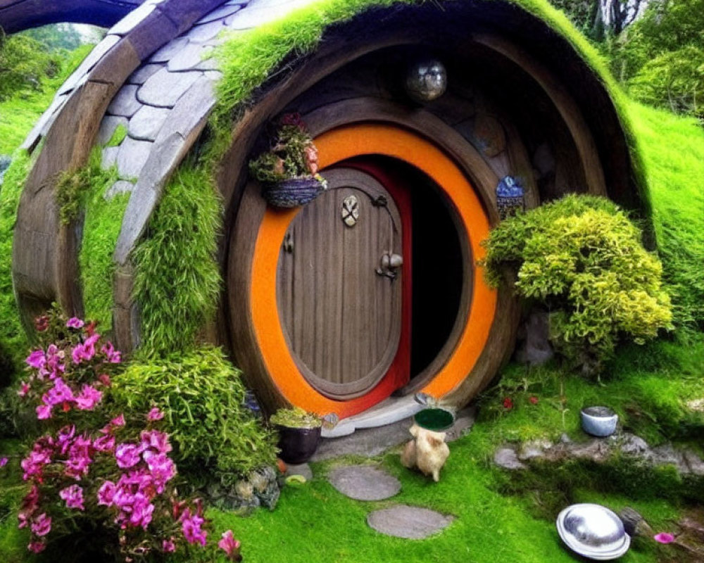 Quaint hobbit-style house with round door in lush greenery