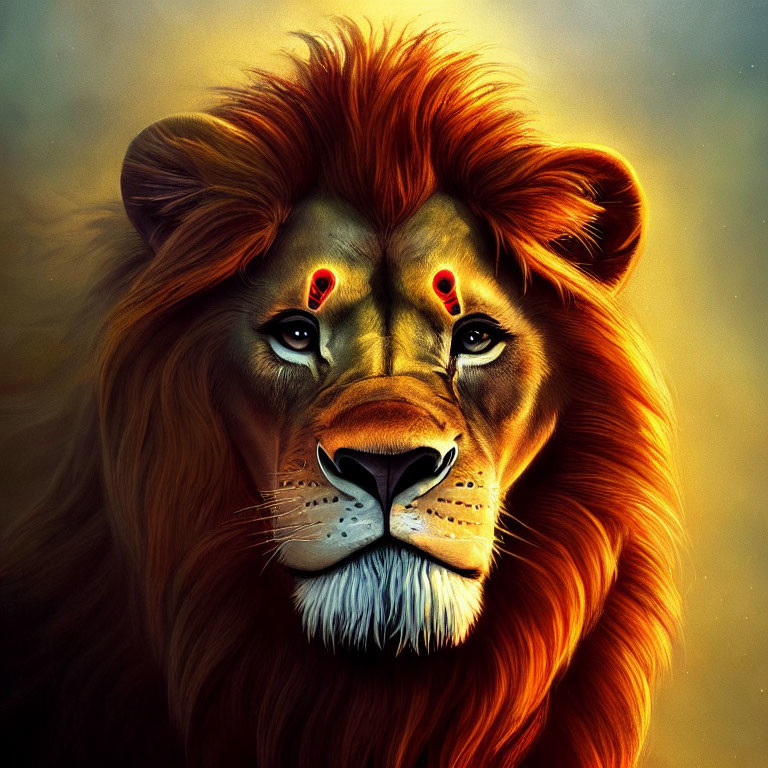 Stylized lion with striking mane and red markings