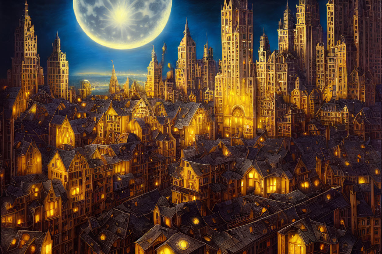 Fantasy Cityscape: Illuminated Buildings, Gothic Architecture, Moonlit Night