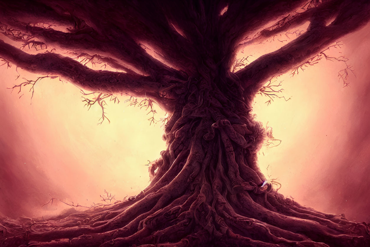 Majestic tree with intricate roots and branches on warm amber background