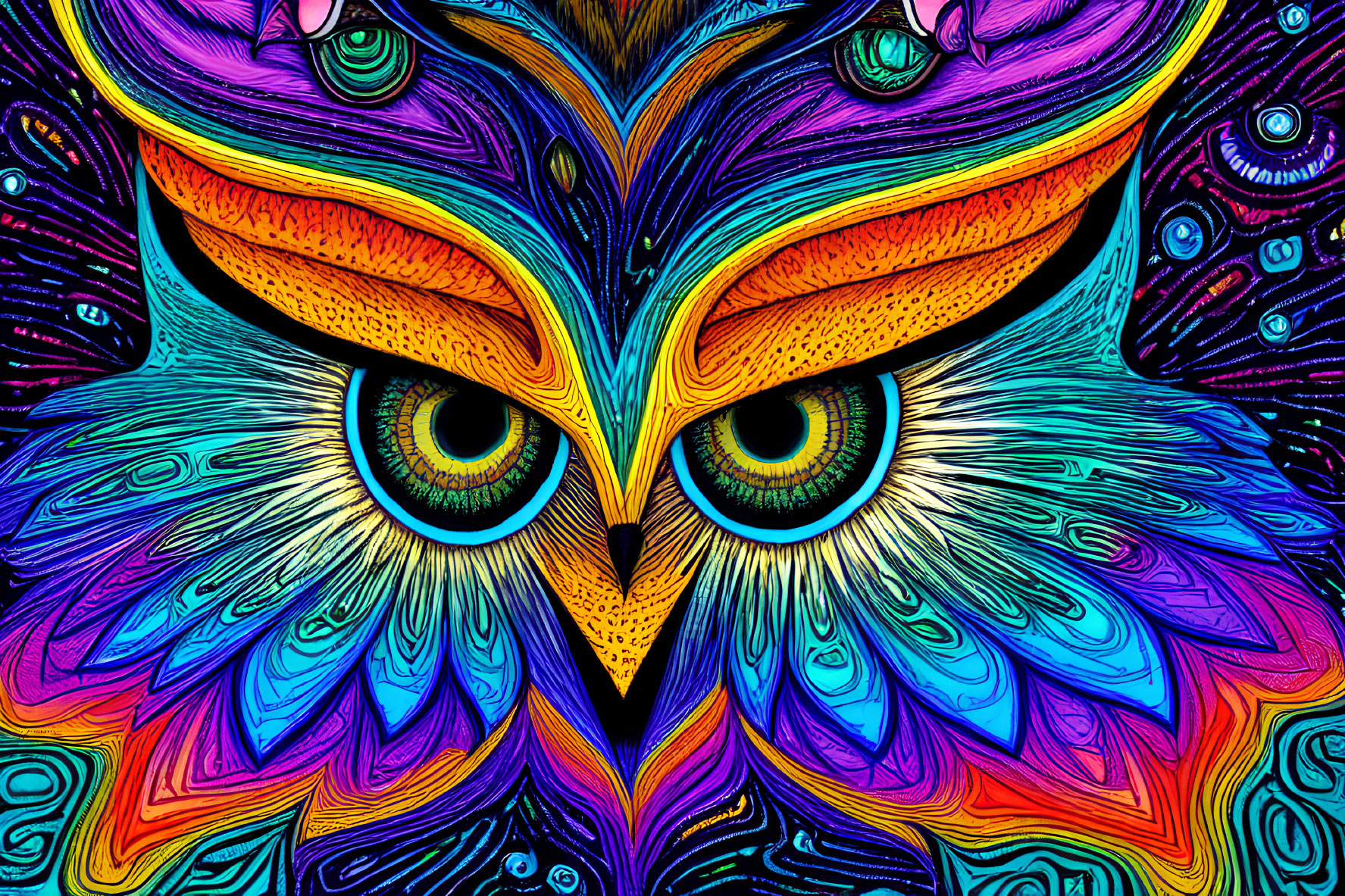Colorful Owl Artwork with Psychedelic Palette & Detailed Patterns