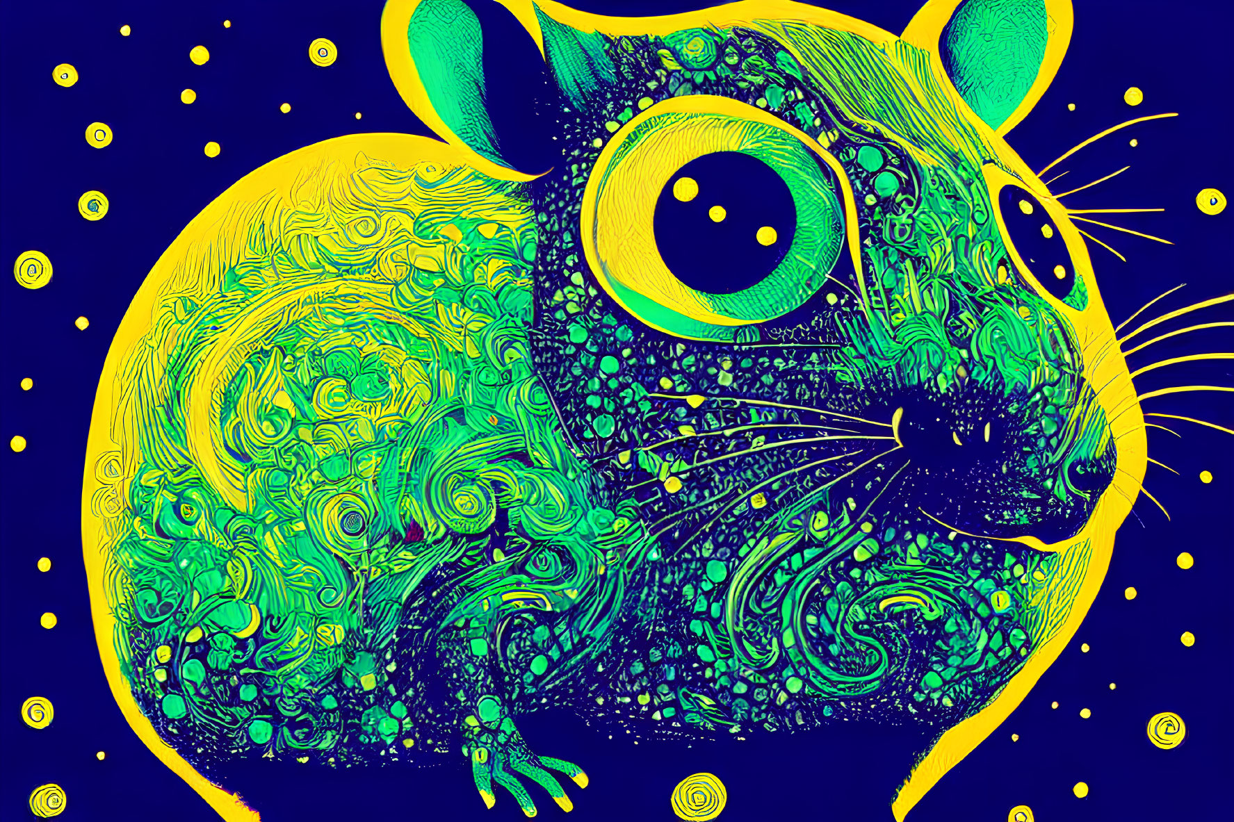 Colorful Psychedelic Mouse Illustration in Neon Yellow and Blue