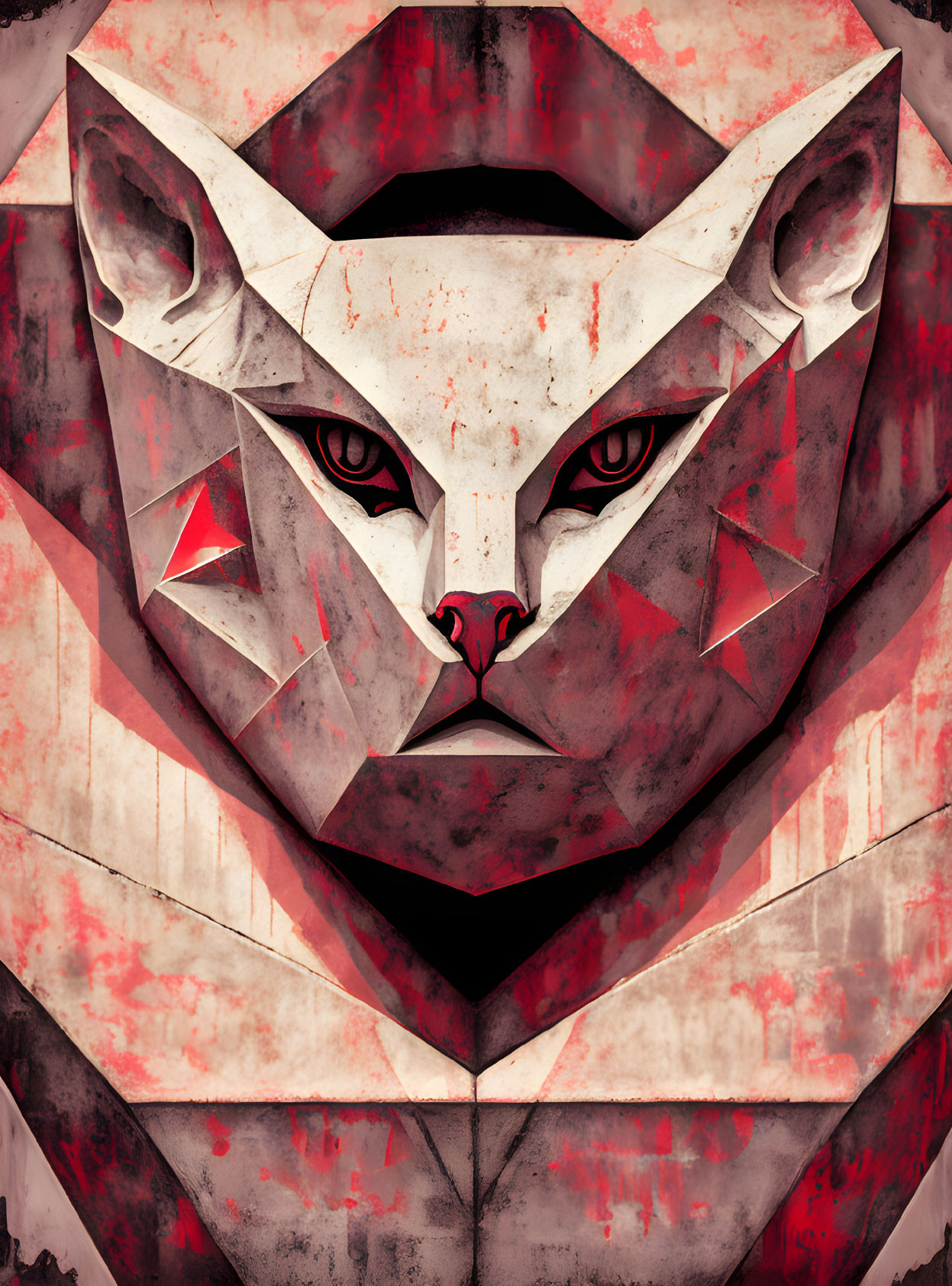 Geometric Feline Face with Red Eyes on Grunge Background