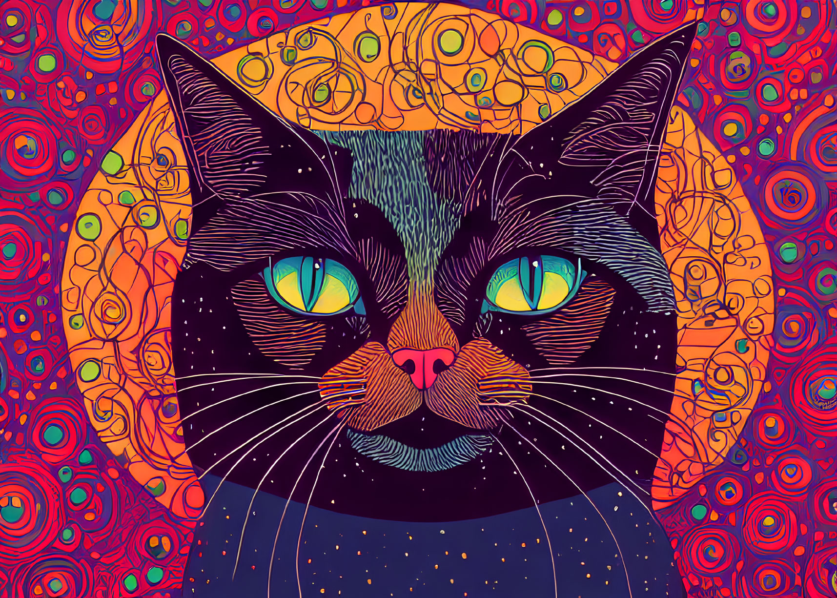 Colorful Cat Illustration with Green Eyes and Psychedelic Background