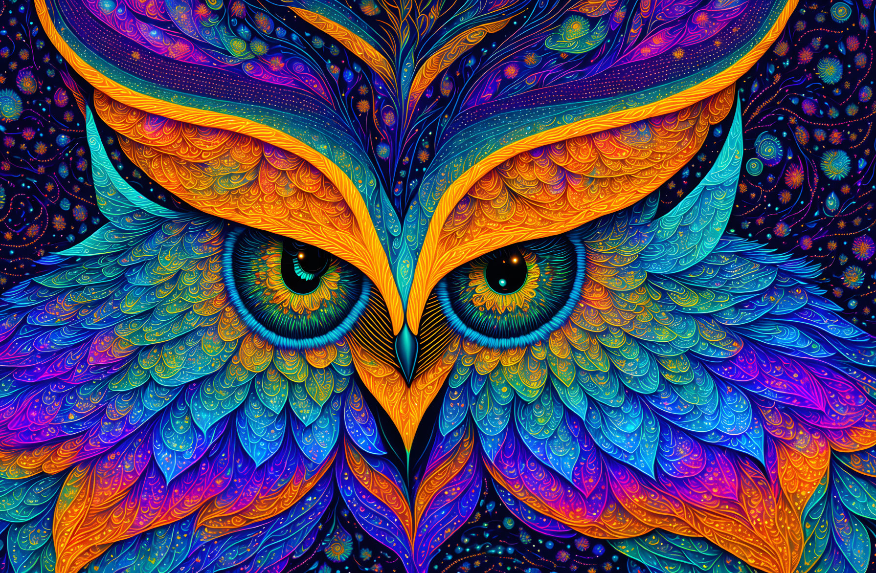 Colorful Psychedelic Owl Illustration with Detailed Patterns and Rich Palette