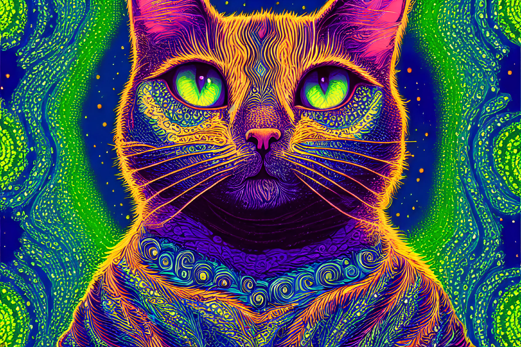 Colorful Psychedelic Cat Portrait with Green Eyes on Cosmic Background