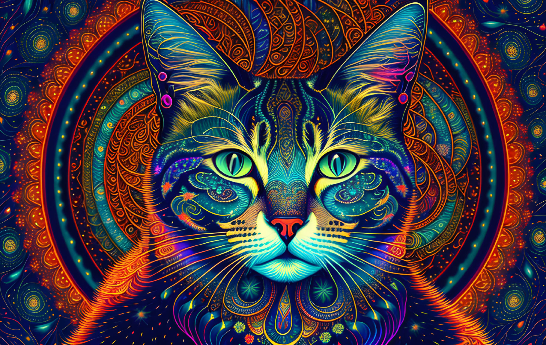 Colorful Psychedelic Cat Art with Mandala Background