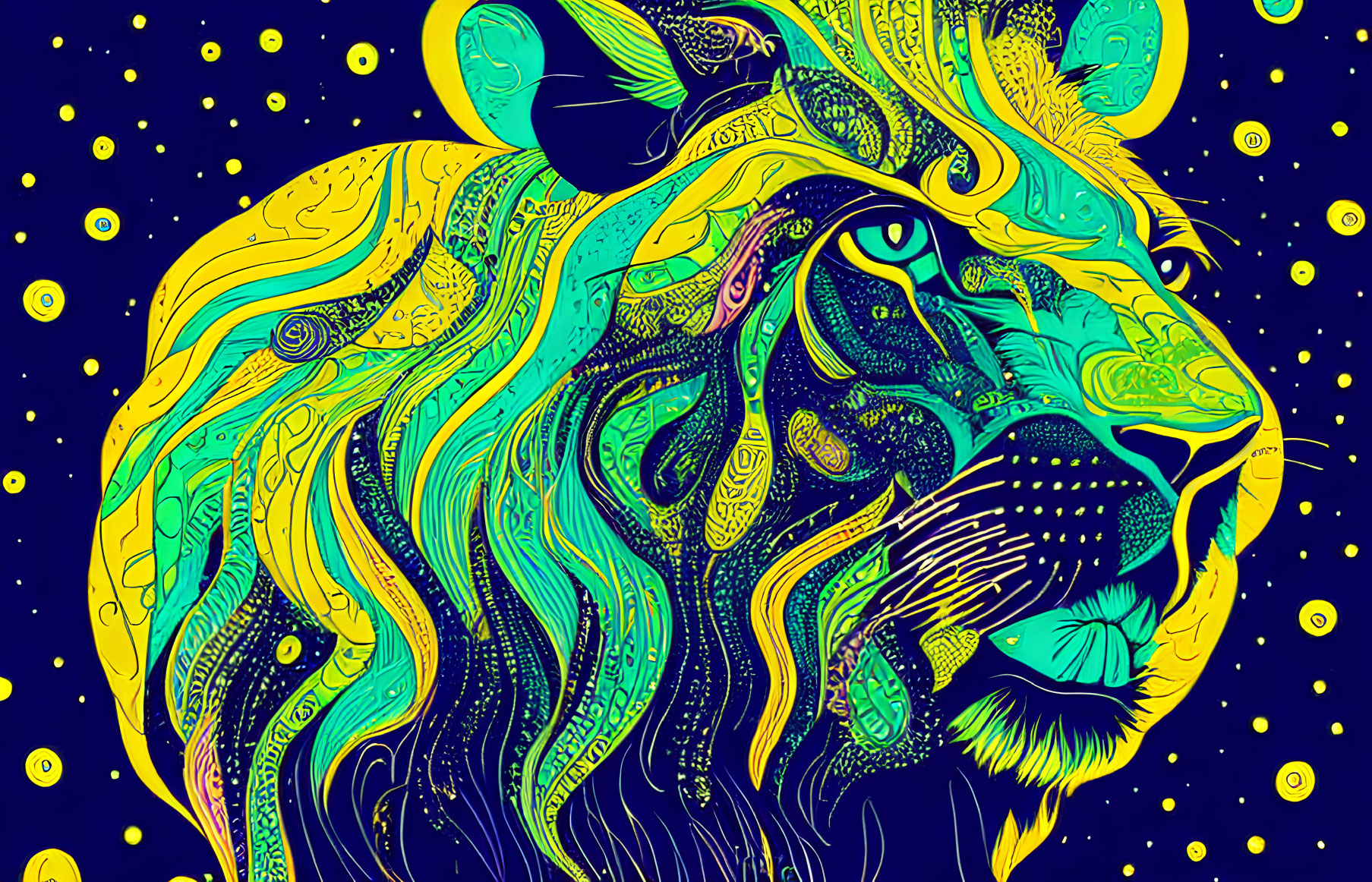 Vibrant abstract lion illustration on starry blue backdrop