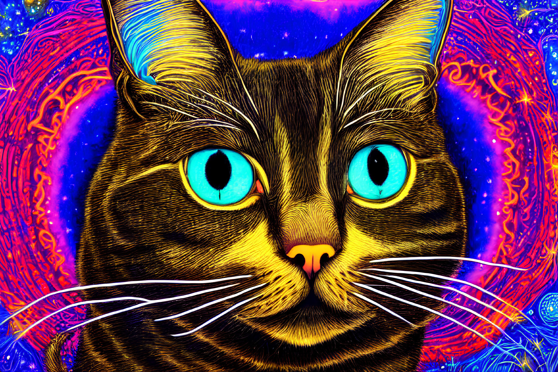 Colorful digital artwork: Cat with blue eyes and cosmic background