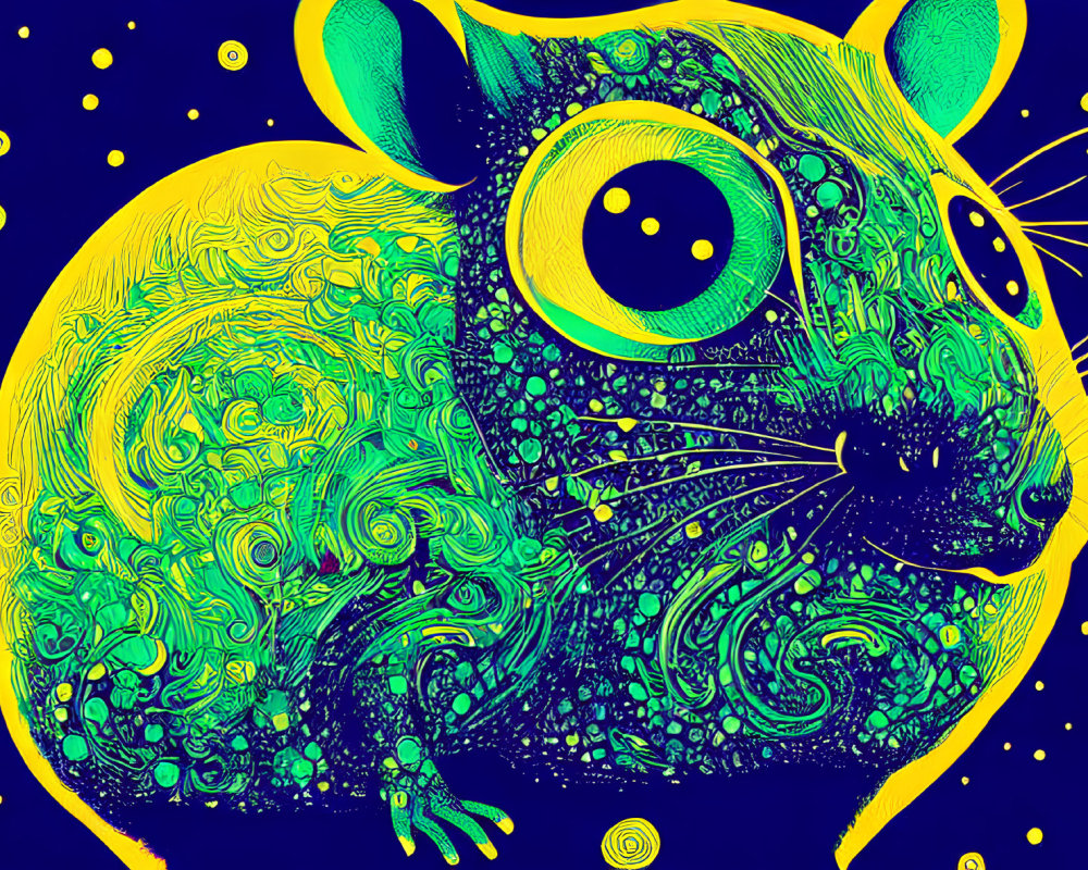 Colorful Psychedelic Mouse Illustration in Neon Yellow and Blue