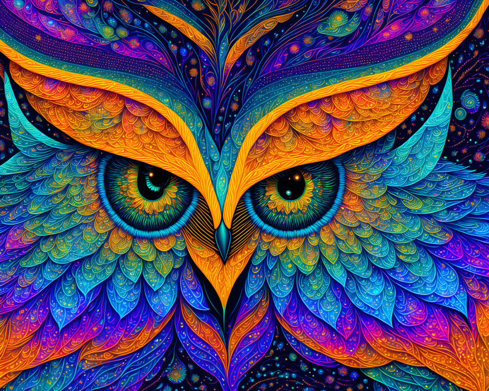 Colorful Psychedelic Owl Illustration with Detailed Patterns and Rich Palette