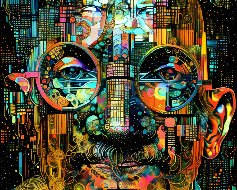 Colorful Abstract Digital Artwork of Psychedelic Human Face with Glasses