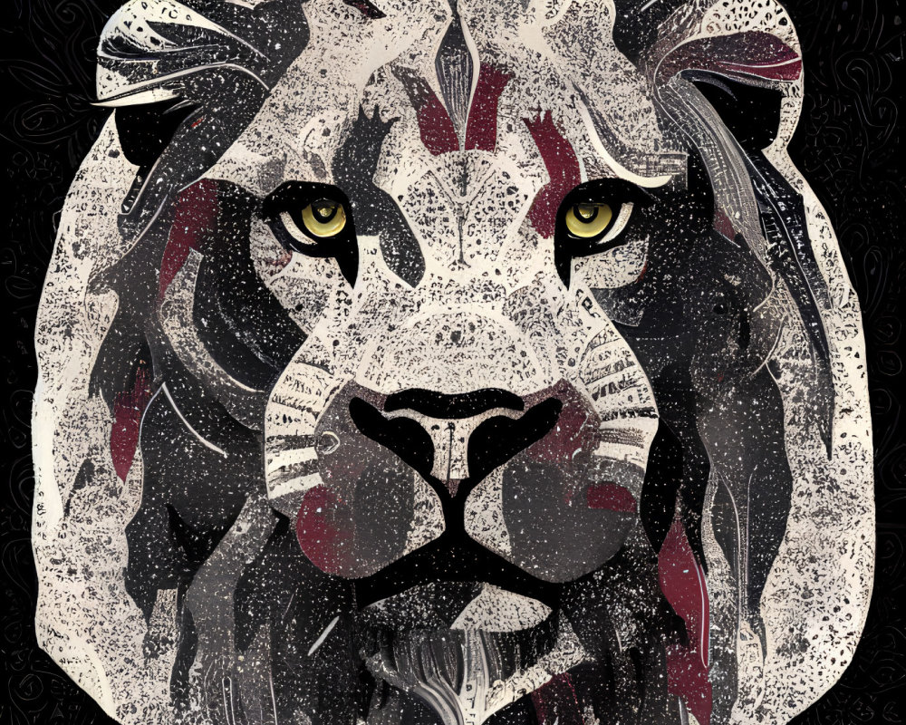 Detailed lion face illustration with patterns and textures in black, white, and red on decorative backdrop