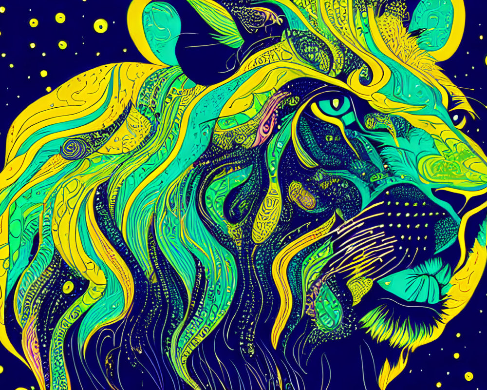 Vibrant abstract lion illustration on starry blue backdrop