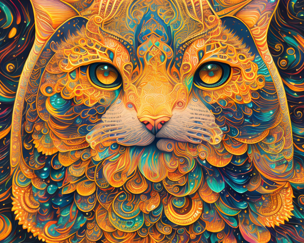 Colorful Psychedelic Cat Face Illustration in Orange, Blue, and Gold