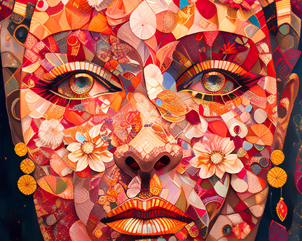 Colorful mosaic-style face illustration with floral and geometric patterns in warm tones and blue eyes