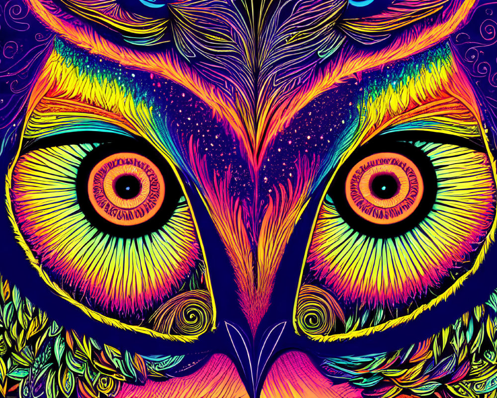 Colorful Owl Illustration with Intricate Patterns & Psychedelic Palette