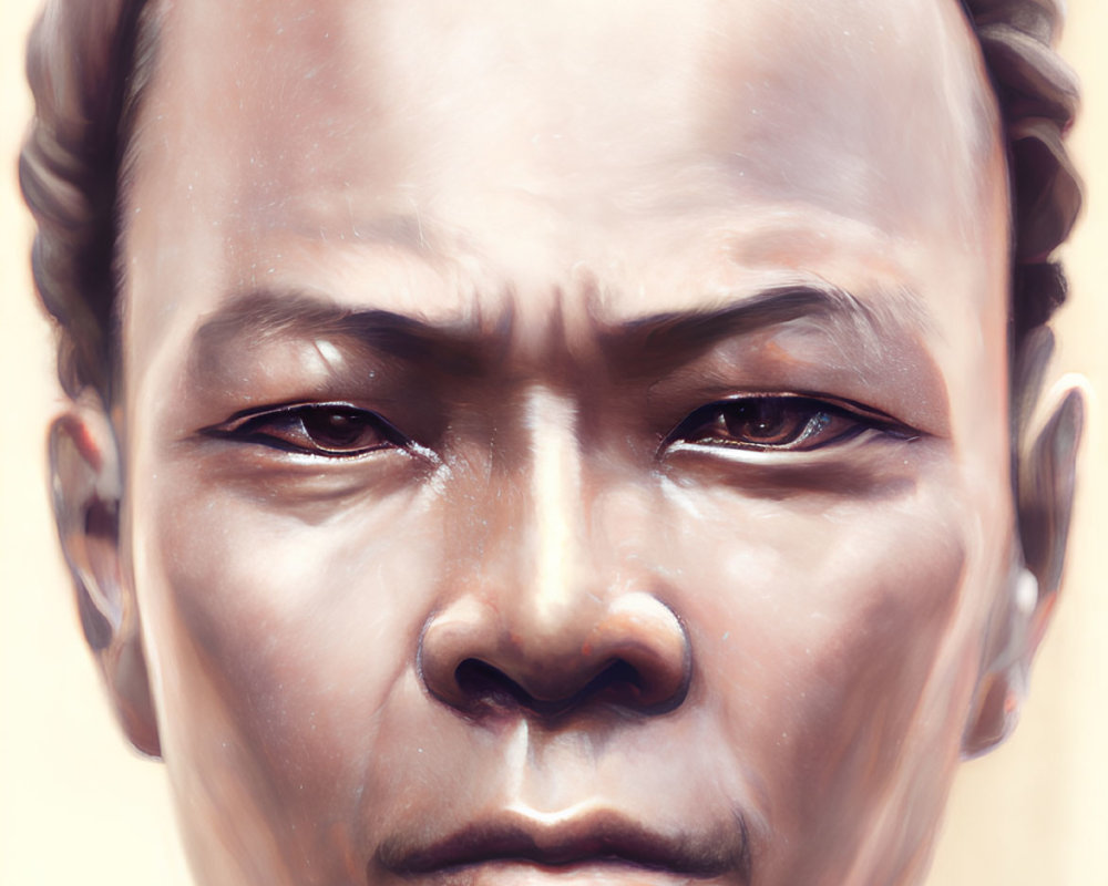 Detailed digital portrait of stern-faced individual with prominent cheekbones, narrow eyes, and receding hairline