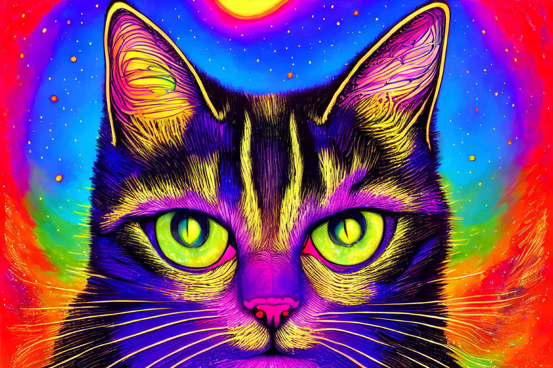 Colorful Psychedelic Cat Illustration with Electric Green Eyes on Space-themed Background