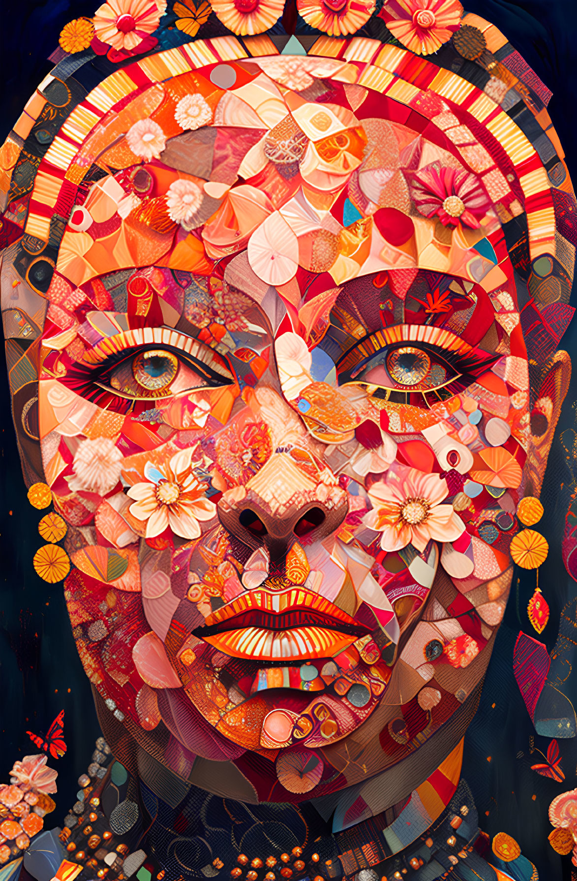 Colorful mosaic-style face illustration with floral and geometric patterns in warm tones and blue eyes