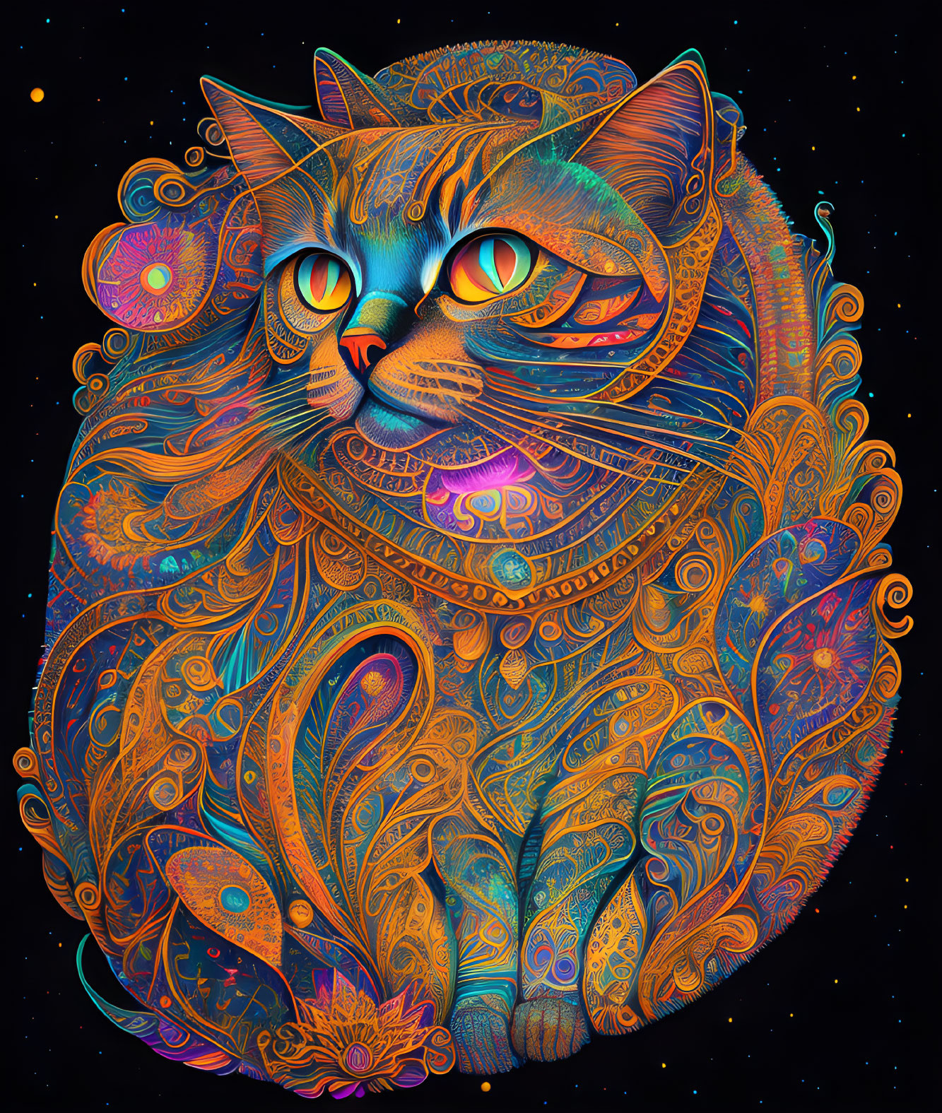 Colorful Psychedelic Cat Art with Swirls and Celestial Motifs