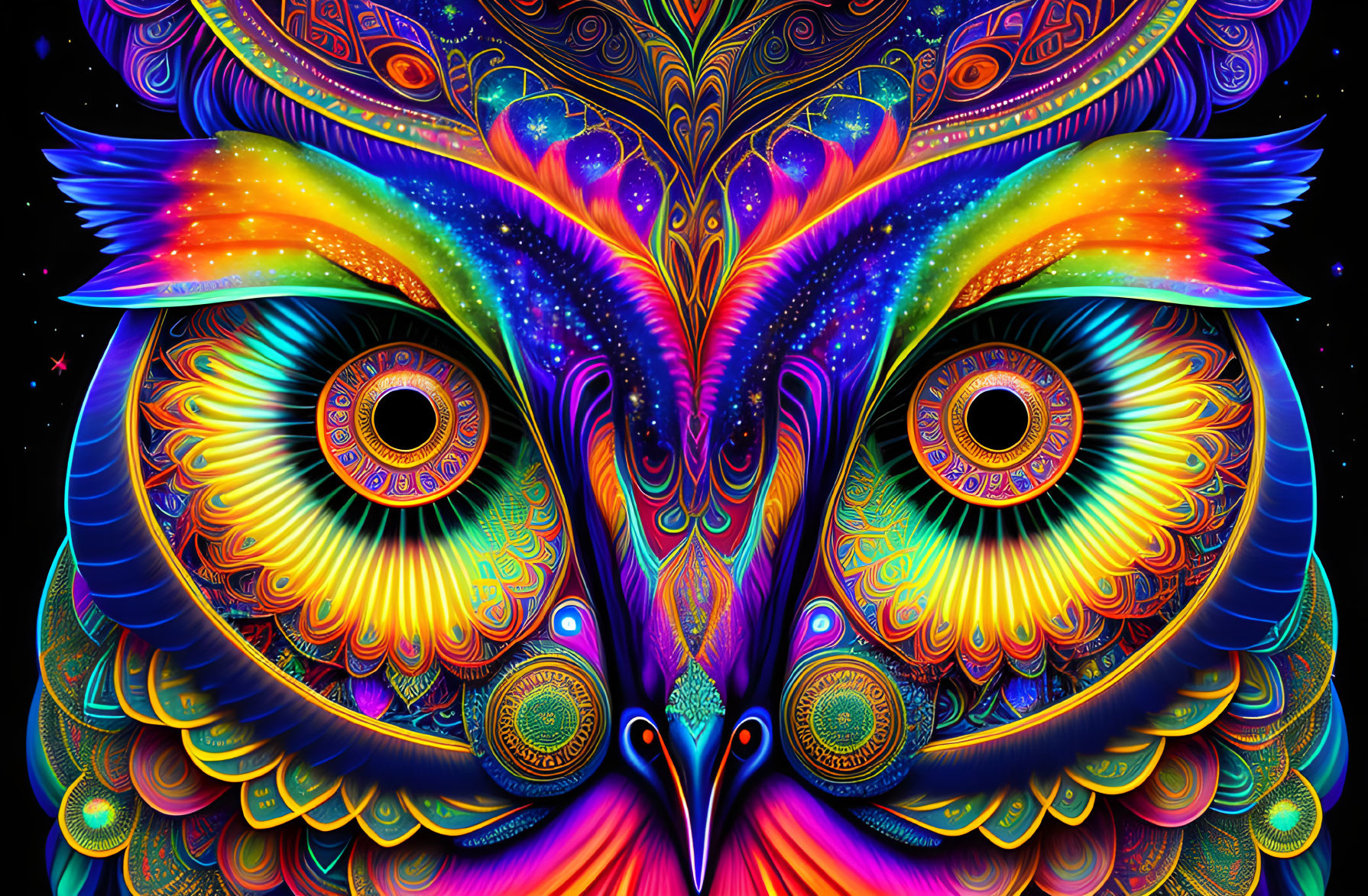 Colorful Psychedelic Owl Art with Starry Background