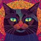 Colorful Psychedelic Cat Illustration with Blue, Orange, and Purple Patterns
