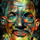 Colorful Abstract Digital Artwork of Psychedelic Human Face with Glasses