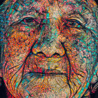 Colorful textured art overlay on elderly person's face creates vibrant mosaic effect