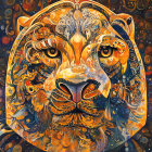 Colorful Psychedelic Cat Face Illustration in Orange, Blue, and Gold