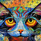 Colorful Mosaic-Style Cat Illustration with Striking Yellow Eyes