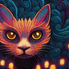 Colorful Cat Illustration with Psychedelic Patterns on Abstract Background