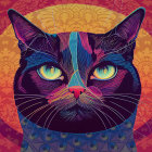 Colorful Cat Illustration with Green Eyes and Psychedelic Background