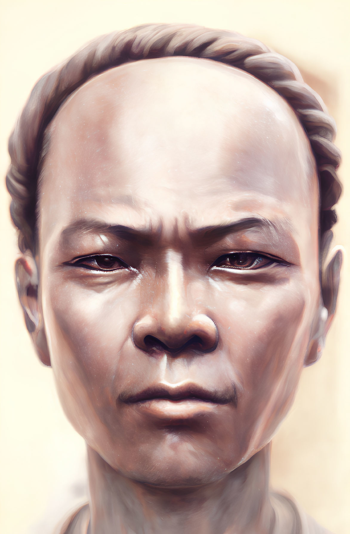 Detailed digital portrait of stern-faced individual with prominent cheekbones, narrow eyes, and receding hairline