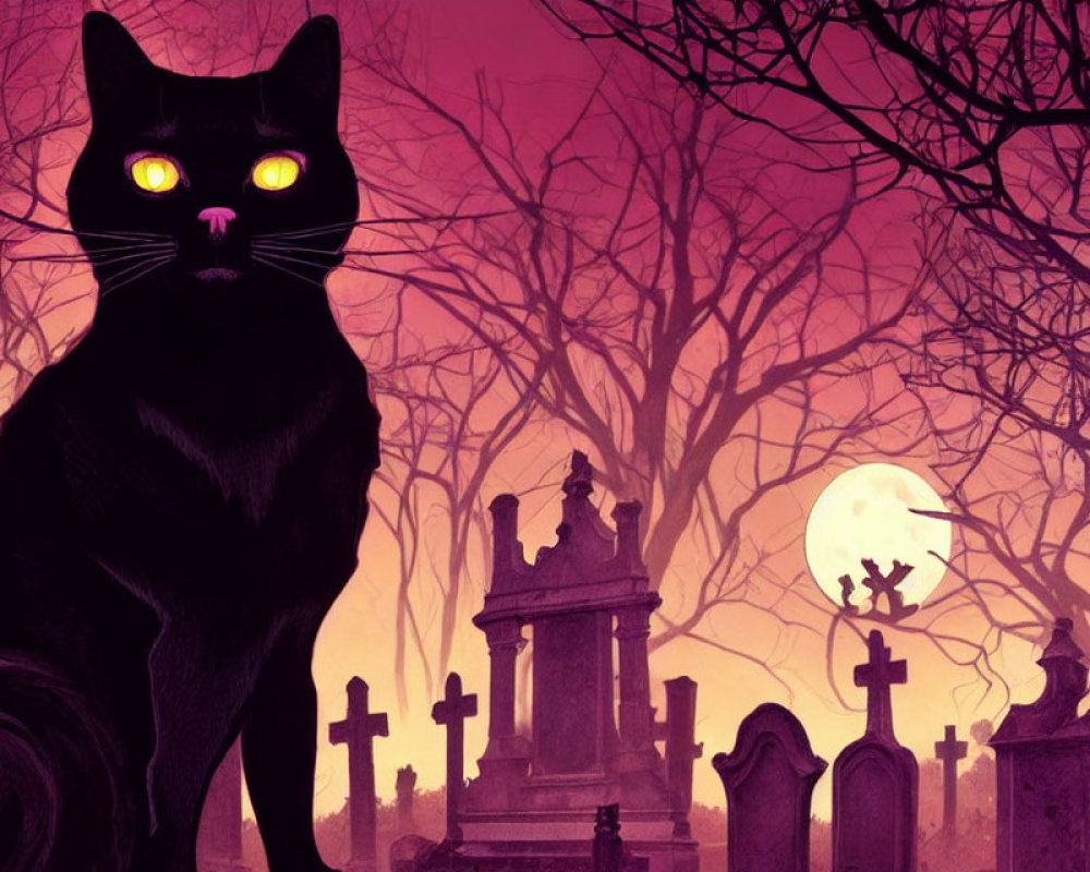 Black Cat with Glowing Eyes in Spooky Graveyard Setting