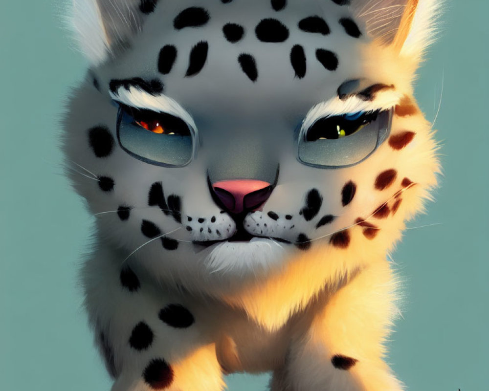 Stylized snow leopard illustration with captivating blue eyes