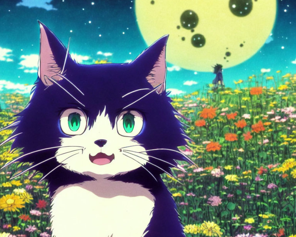 Black Cat with Green Eyes in Colorful Meadow Under Night Sky