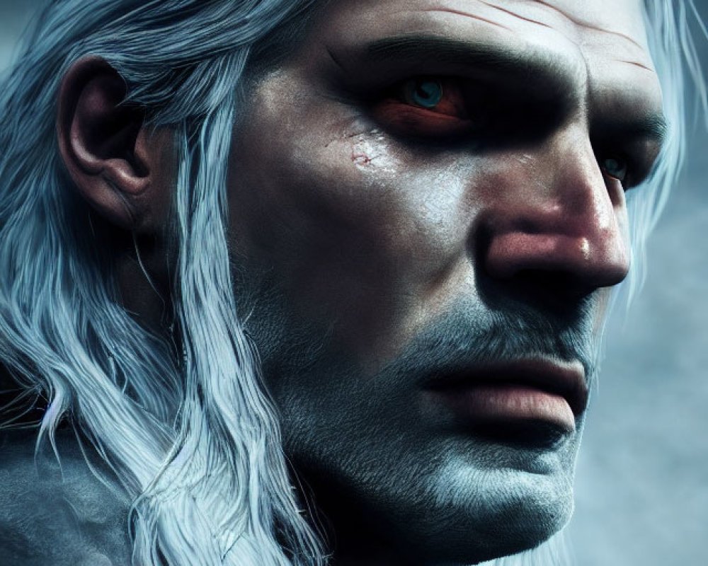 Portrait of White-Haired Male with Yellow Eyes and Scar