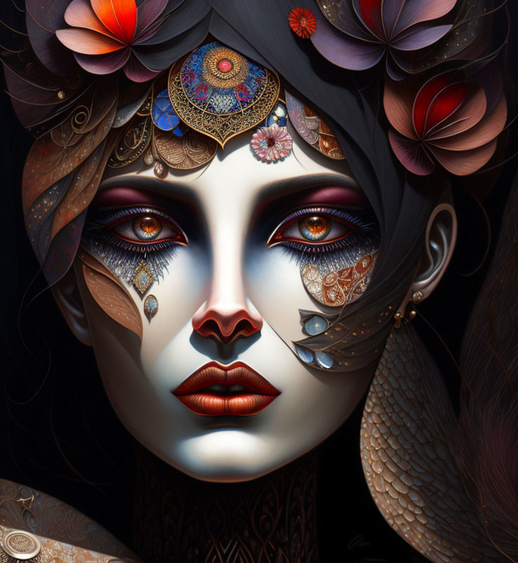 Detailed digital portrait of woman with decorated skin and ornate headpiece.