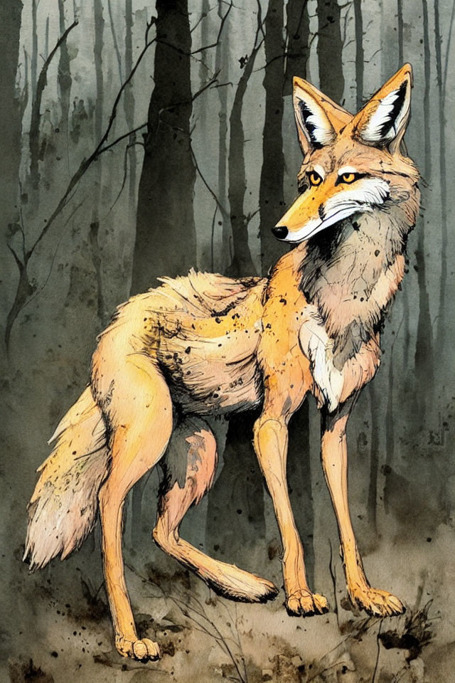 Illustrated fox in amber and gray tones in forest setting