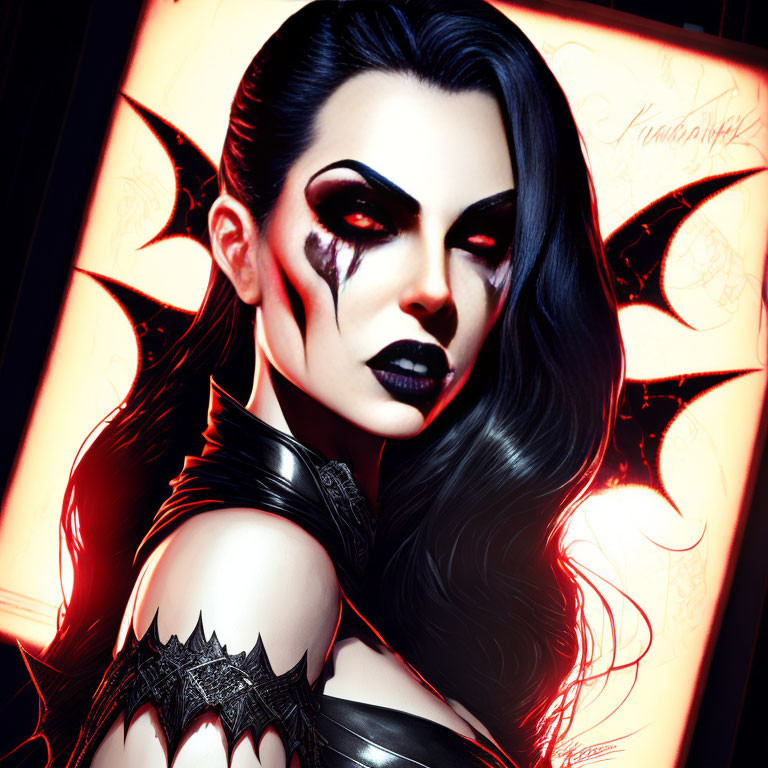 Dark Gothic Vampire Makeup on Person Against Orange Background