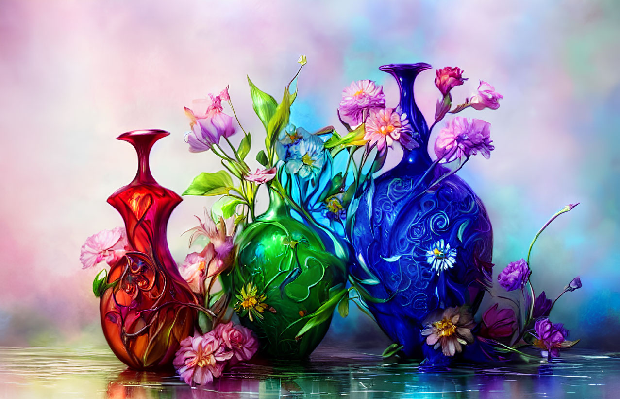 Colorful ornate vases with assorted flowers on pastel background