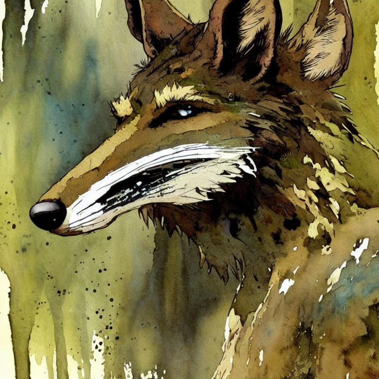 Detailed watercolor fox head illustration in earthy tones with expressive eyes and abstract background.