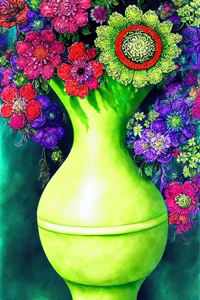 Colorful Flowers in Green Vase Watercolor Painting