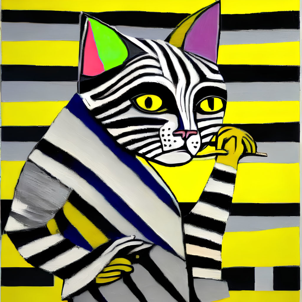 Striped Cat Painting with Pink Ears and Green Accents
