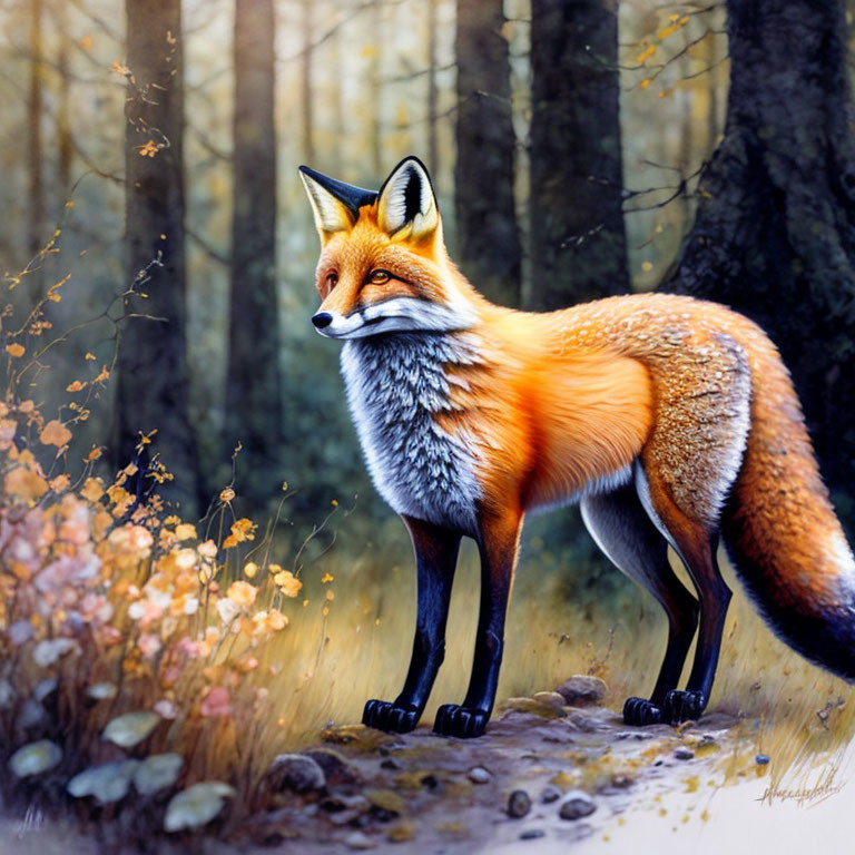 Detailed Illustration of Fox in Sunlit Forest