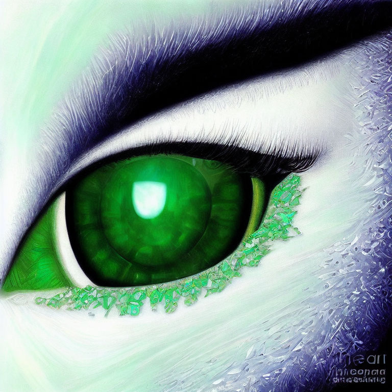 Detailed close-up of striking green eye with long eyelashes and shimmering crystal-like textures