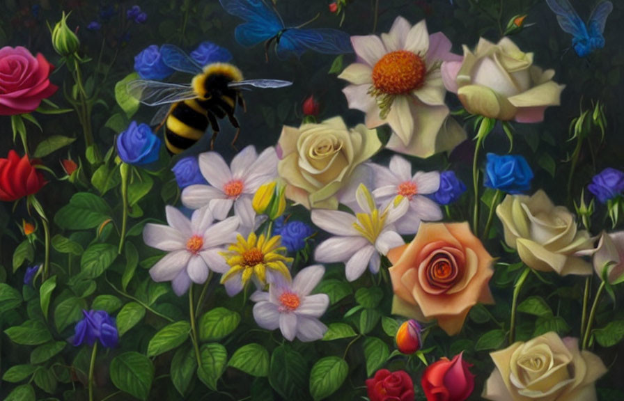 Colorful Flowers Painting with Bumblebee and Butterflies
